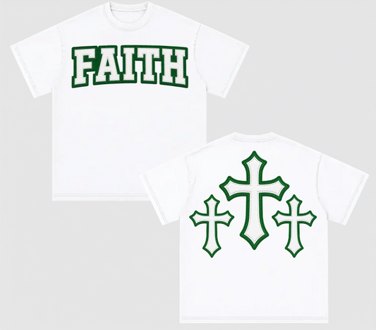 Faith Graphic T-Shirt Green Varsity Text & Triple Cross Back (Print)