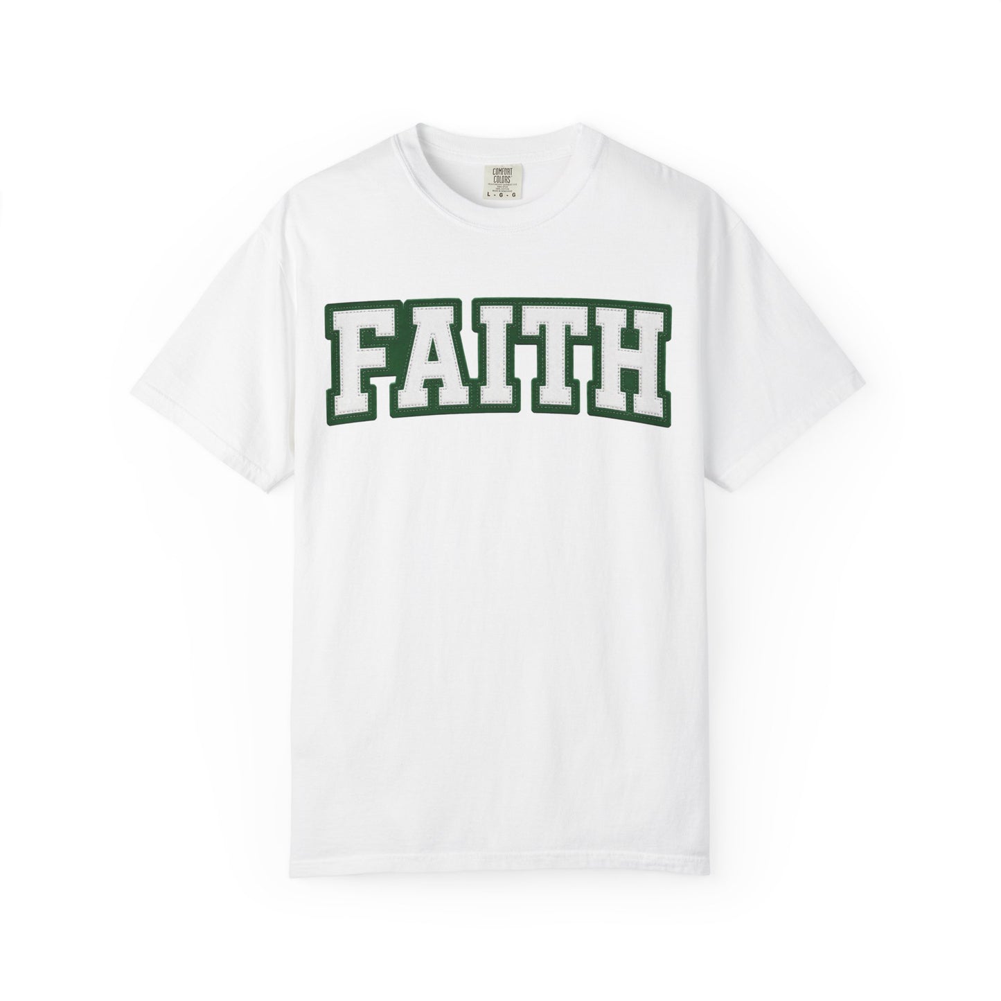 Faith Graphic T-Shirt  Green Varsity Text & Triple Cross Back (Print)