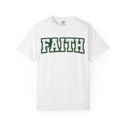 Faith Graphic T-Shirt  Green Varsity Text & Triple Cross Back (Print)