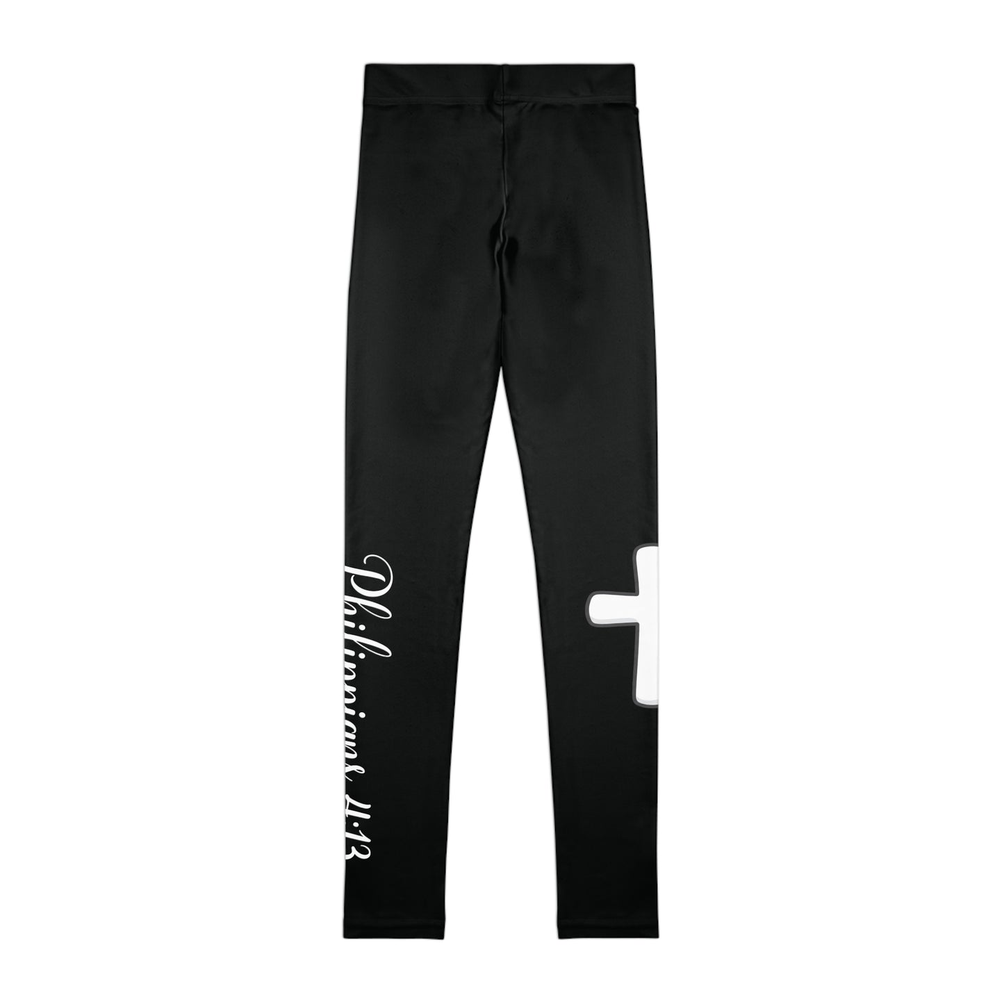 Youth Cross Scriptures Leggings — Philippians 4:13 Black Faith Workout Leggings