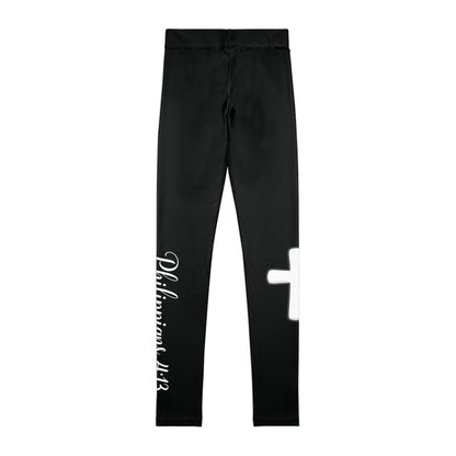Youth Cross Scriptures Leggings — Philippians 4:13 Black Faith Workout Leggings