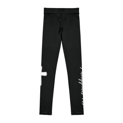 Youth Cross Scriptures Leggings — Philippians 4:13 Black Faith Workout Leggings