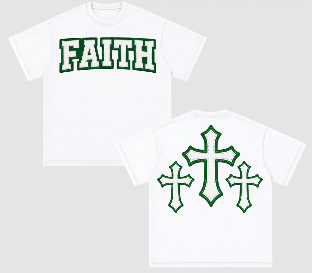 Faith Graphic T-Shirt  Green Varsity Text & Triple Cross Back (Print)