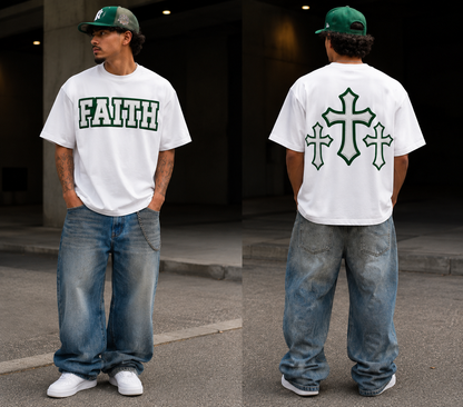 Faith Graphic T-Shirt  Green Varsity Text & Triple Cross Back (Print)