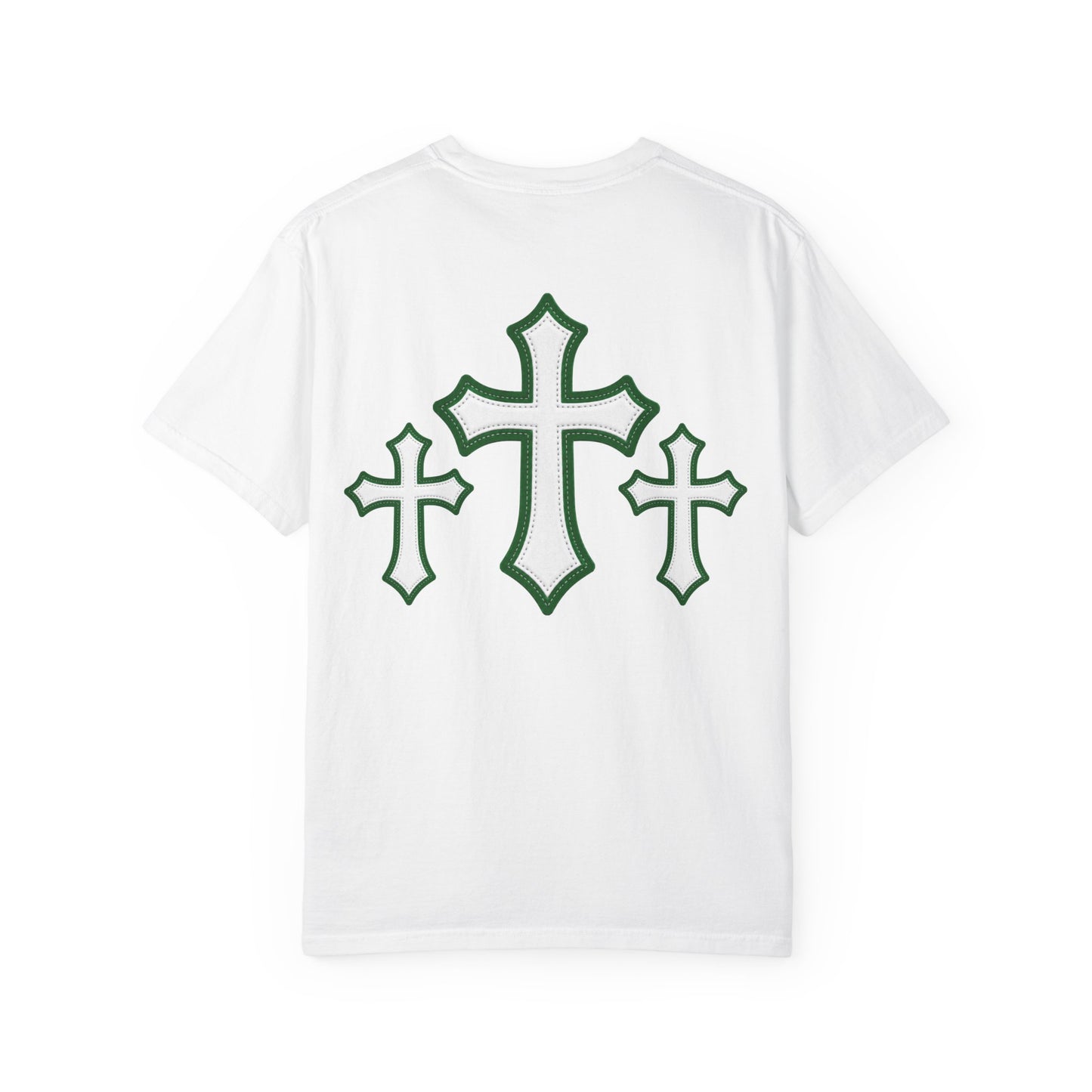 Faith Graphic T-Shirt  Green Varsity Text & Triple Cross Back (Print)