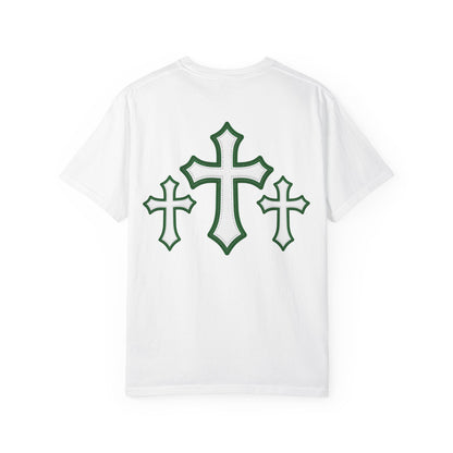 Faith Graphic T-Shirt  Green Varsity Text & Triple Cross Back (Print)