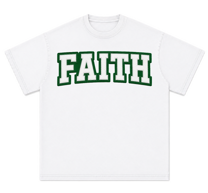 Faith Graphic T-Shirt  Green Varsity Text & Triple Cross Back (Print)