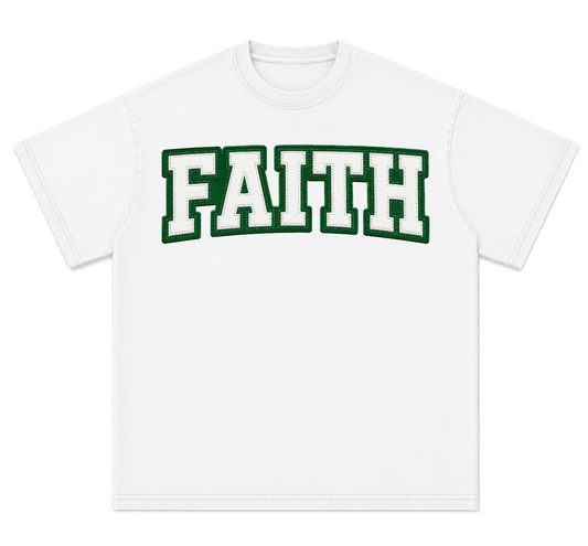 Faith Graphic T-Shirt  Green Varsity Text & Triple Cross Back (Print)